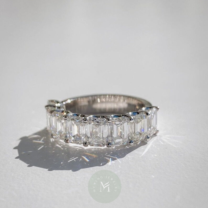 0.8ct Each Emerald Moissanite Half Eternity Engagement Ring