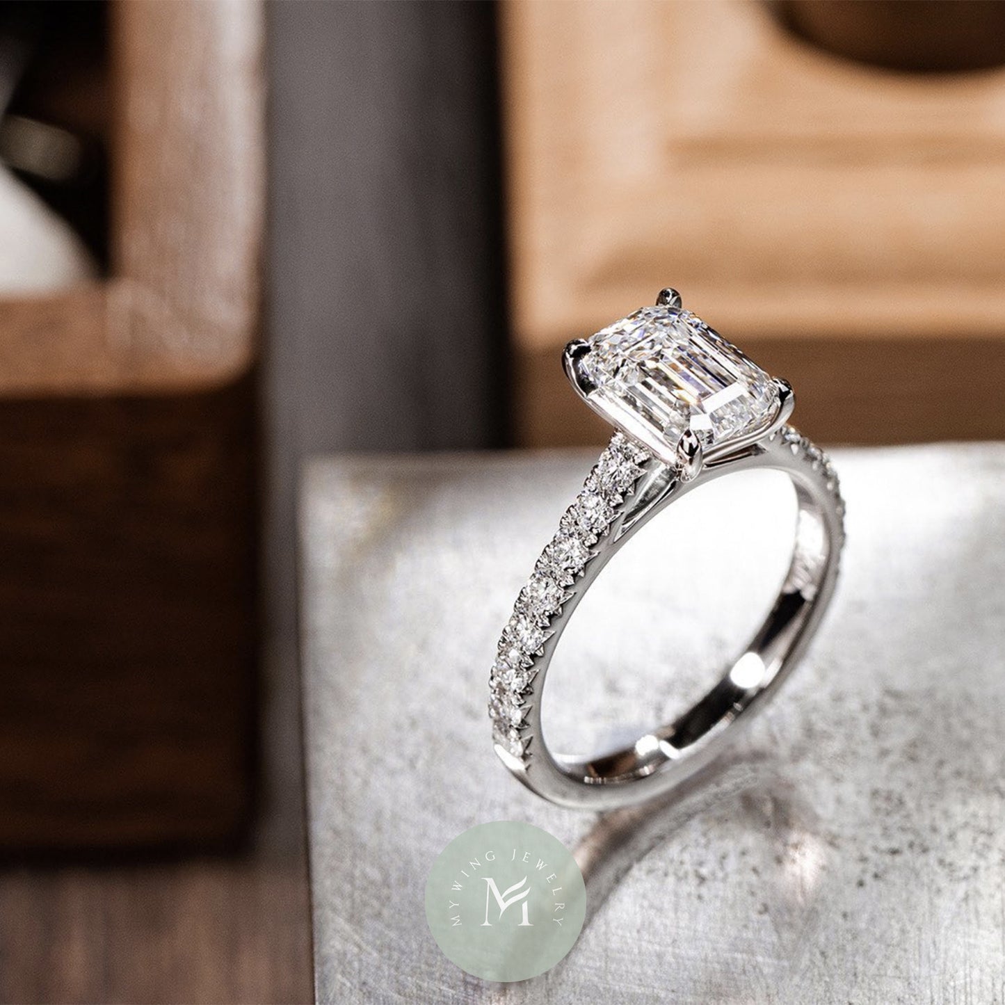 4ct Emerald Moissanite Engagement Ring