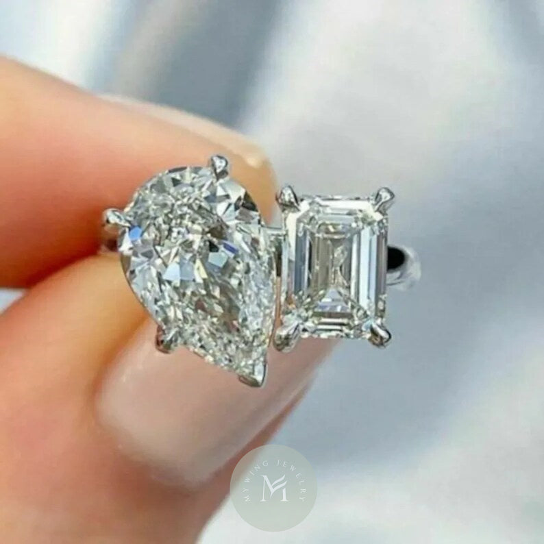 4ct Pear Moissanite with 3ct Emerald Cut Engagement Ring