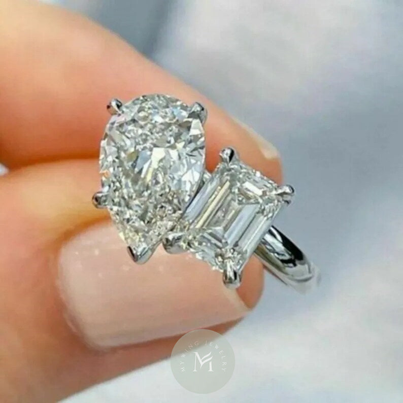 4ct Pear Moissanite with 3ct Emerald Cut Engagement Ring