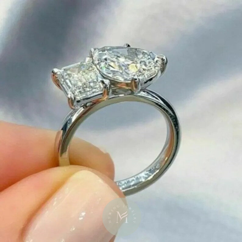 4ct Pear Moissanite with 3ct Emerald Cut Engagement Ring
